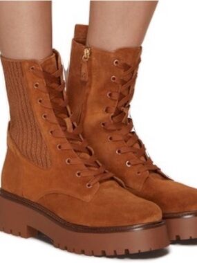 Sam Edelman Evina Cognac Lace-Up Knit-Panel Combat Boots